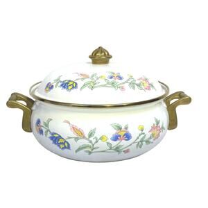 Regency Club Enamelware Vintage 3 QT Floral Dutch Oven Casserole Brass Handles